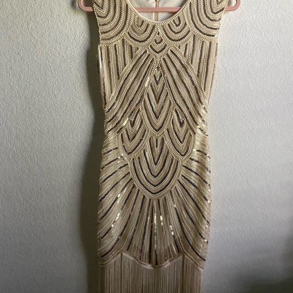 1920 Gatsby Retro. Style Beaded Sequin Fringe Cream Flapper Party Dress Size XS - Picture 3 of 16
